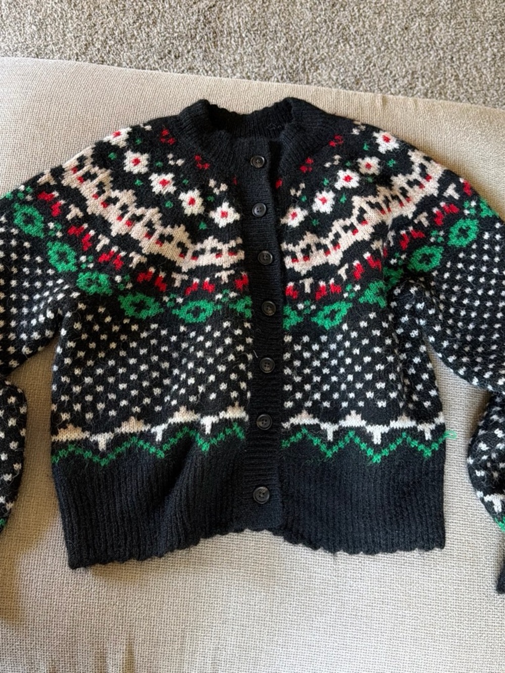 Universal Thread Black Fair Isle Button-Up Cardigan with Green and Red Accents